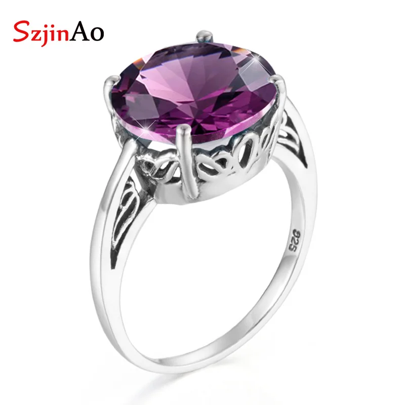 

SzjinAo Handmade Solid 925 Sterling Silver Rings For Women Vintaga Oval February Birthstone Amethyst Rings Luxury Fine Jewelry