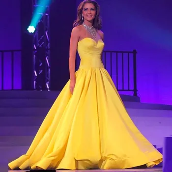 

Charming Sweetheart Prom Dresses Corset Lace-Up Back Yellow Satin Sleeveless Pageant Party Gowns