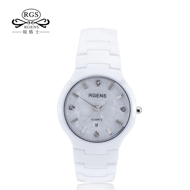 Koop RGENS merk offici euml;le casual heren horloges wit 100% keramische quartz man horloges kalender diamant waterdichte mannelijke klokken