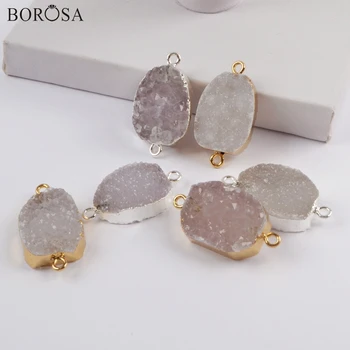 

BOROSA New 5/10PCS Gold Plated Natural Agates Druzy Connectors Silver Plated Drusy Double Charms Women Bracelets Boho Gift G1821