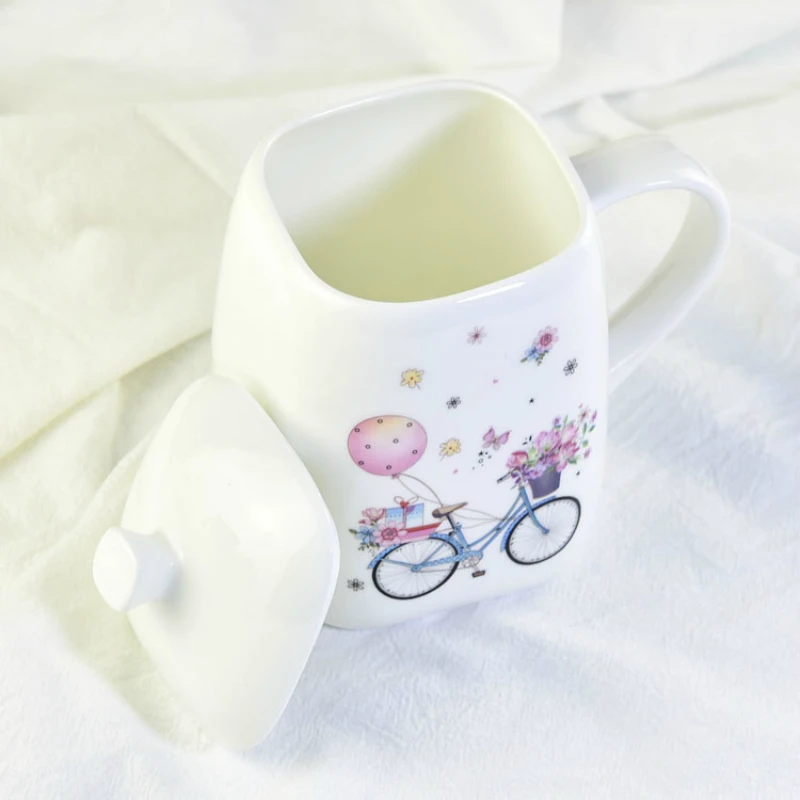 500ml Creative Square Mug Large-sized bone china cup with lid Ms. Gift Cup handle cover | Дом и сад