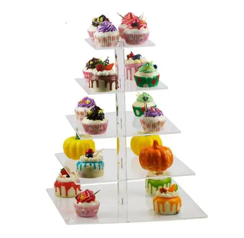 

Free Shipping square 5 Tier clear Acrylic Cupcake Display Stand /acrylic cake stand/Transparent acrylic cake holder for weddi