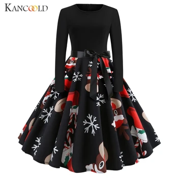 

KANCOOLD Dress Women's Vintage Print Long Sleeve Dresses Christmas Evening Party Swing fashion O-Neck Dress women 2018NOV30