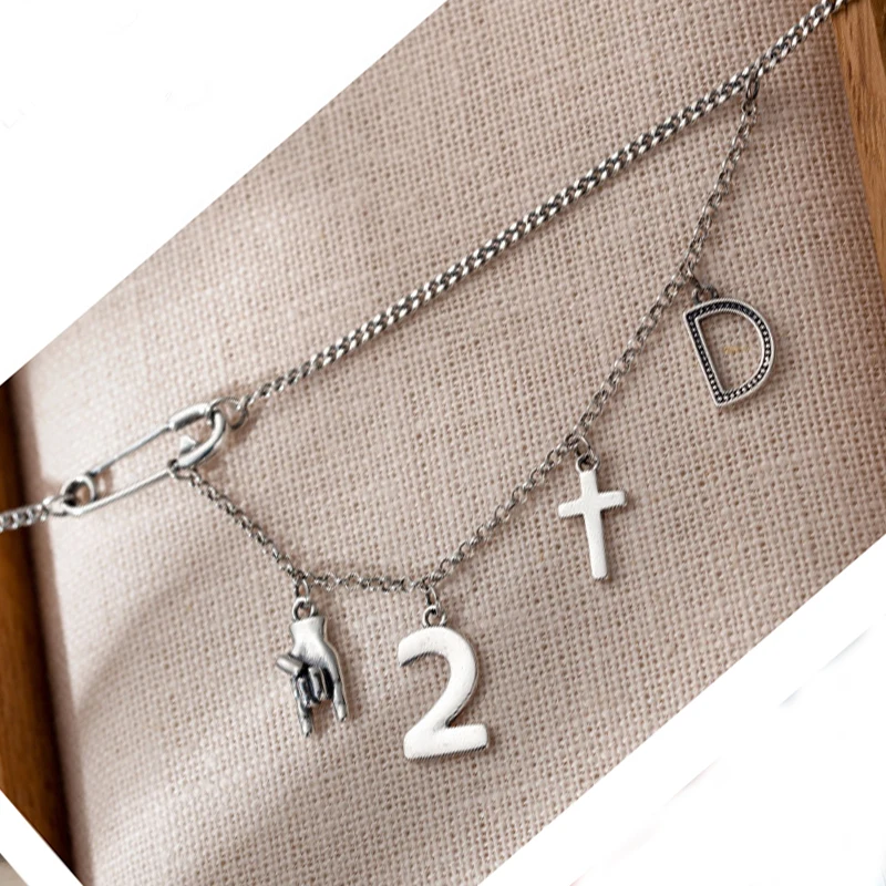 Корейское 925 пробы Серебряное ожерелье с крестом и цифрой 2 в форме буквы D, двухслойная цепочка с подвеской, ожерелье в стиле панк, Женские Ювелирные изделия