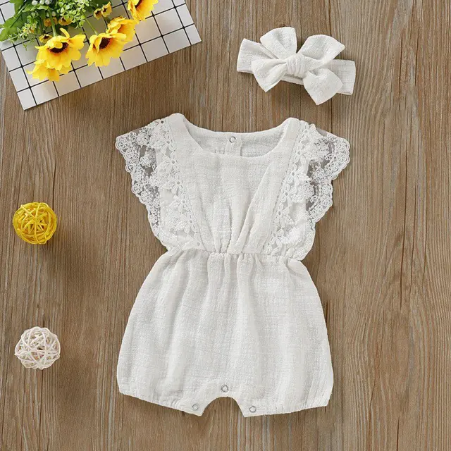 Summer Newborn Girls Rompers Set Flare Sleeve Solid Print Lace Design Romper Jumpsuit With Headband One Summer Newborn Girls Rompers Set Flare Sleeve Solid Print Lace Design Romper Jumpsuit With Headband One-Pieces