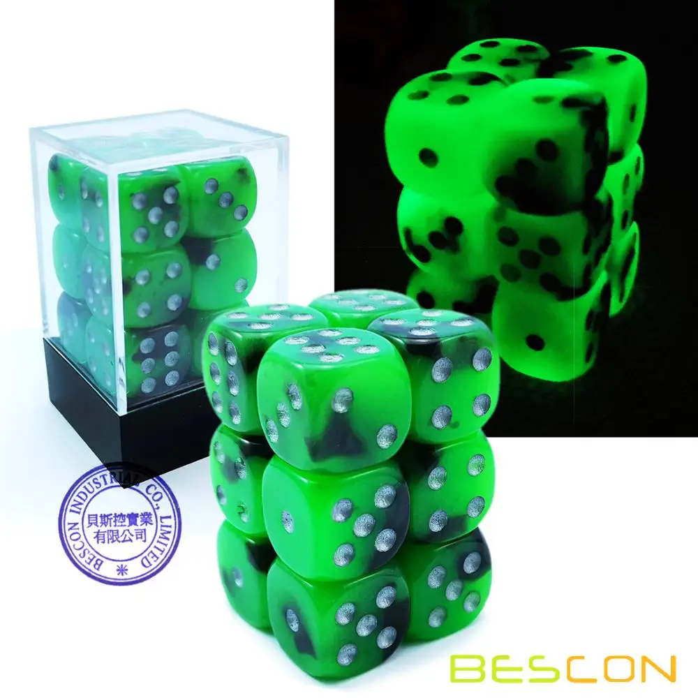 

Bescon Two Tone Glowing Dice D6 16mm 12pcs Set SPOOKY ROCKS, 16mm Six Sided Die (12) Block of Glowing Dice