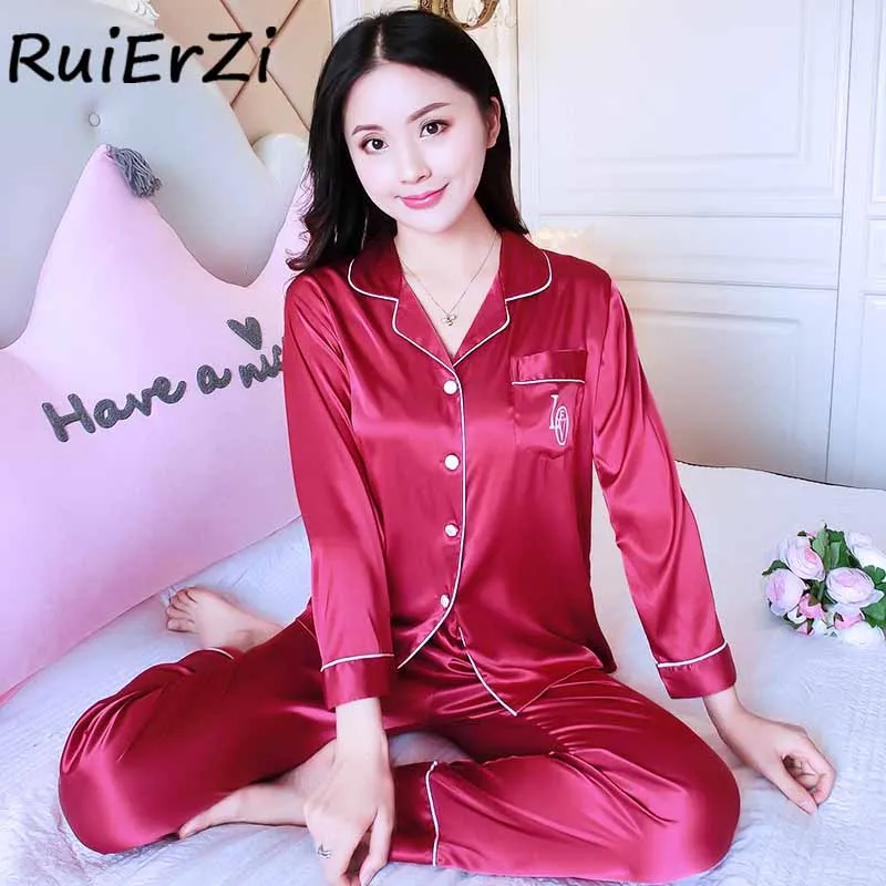 Fashion Women Sexy Silk Satin Lingerie Set Long Sleeve Pyjama Femme ...