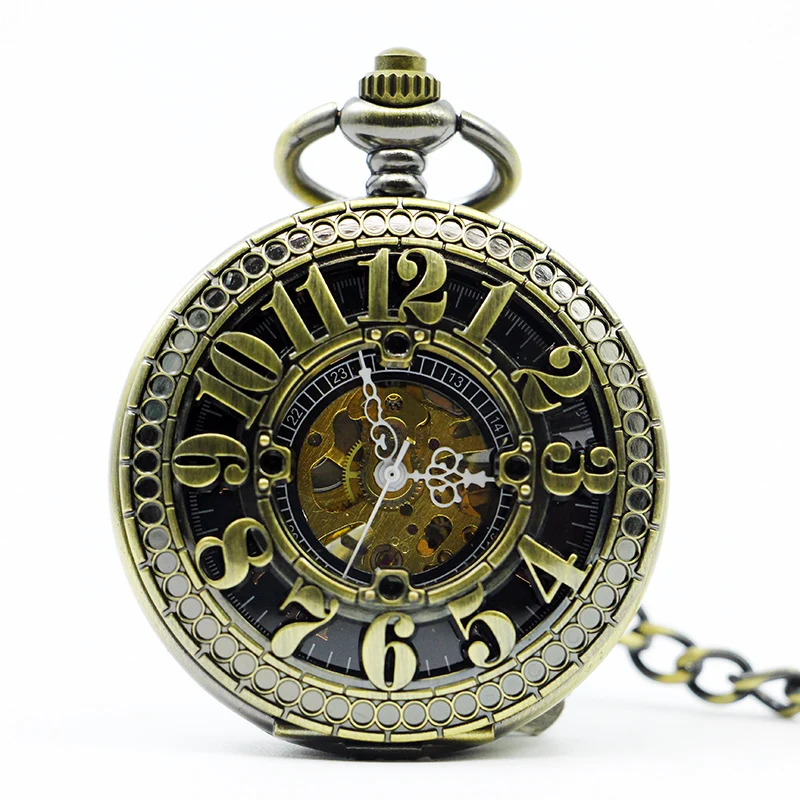 

Retro Bronze Hollow Arabic Number Dial Mechanical Pocket Watch Chain Vintage Steampunk Classical Mens Clock Pocket Watch PJX1224