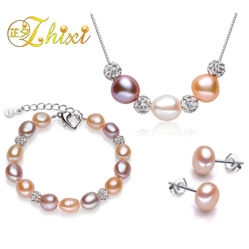 ZHIXI Pearl Jewelry Set Natural Freshwater Pearl Necklace Pendant Bracelet Earrings Fine Jewelry Trendy Gift For Women[set03]