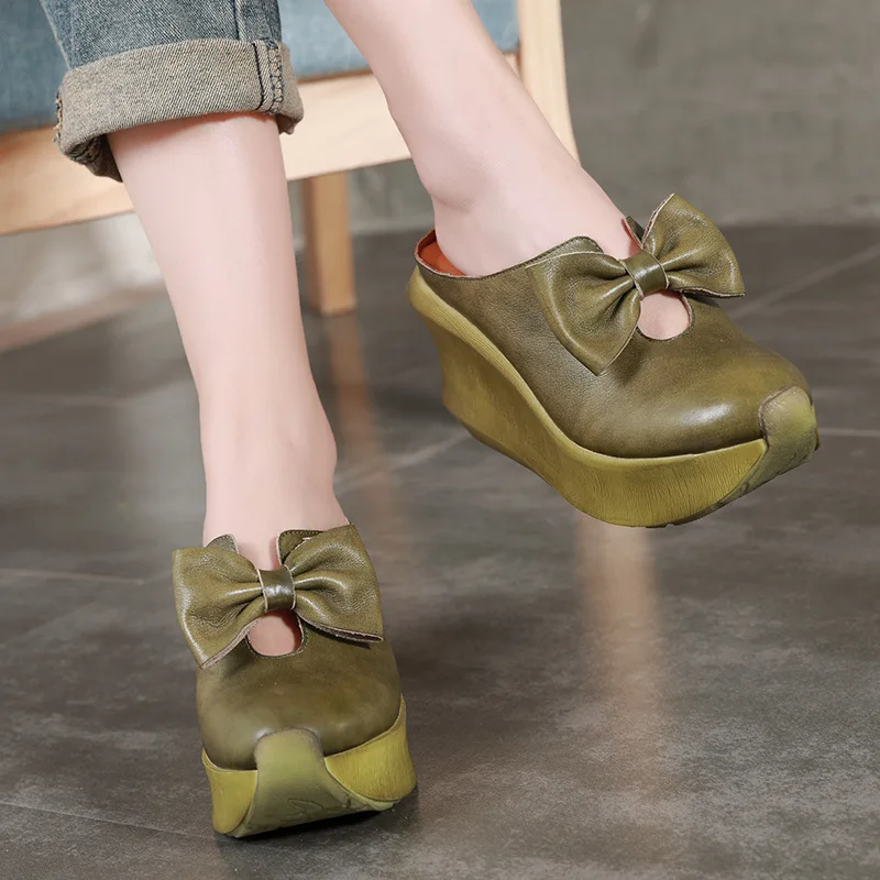 

Genuine Leather Women Mules Green Bowknot Slippers Women Summer Shoes Retro 2019 Handmade Women Leather Slippers Sale
