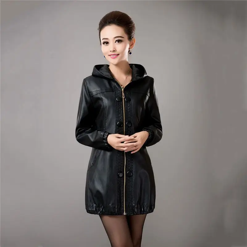 Cuir La Manteau Femelle Mince O686 Faux Longue Moto En coffee Outwear Hodded Vêtements Femmes 5xl Et Taille Nouvelle Veste 2018 Automne D'hiver Noir Plus qtdOwt