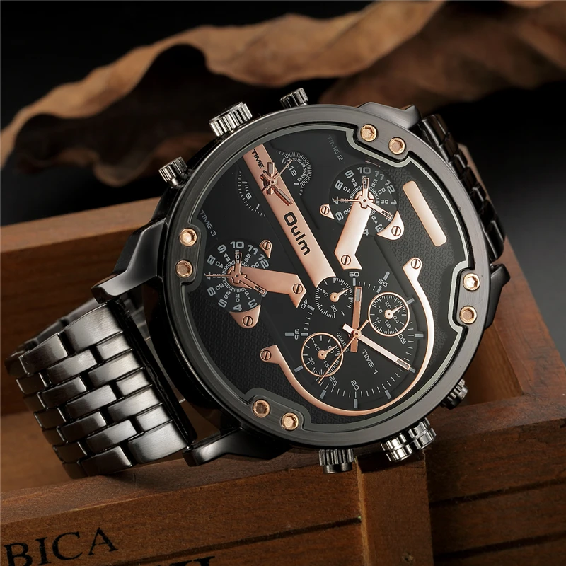 Oulm, два часовых пояса, большой циферблат, японские кварцевые военные часы, мужские роскошные брендовые Стальные наручные часы, мужские военные часы, золотые часы