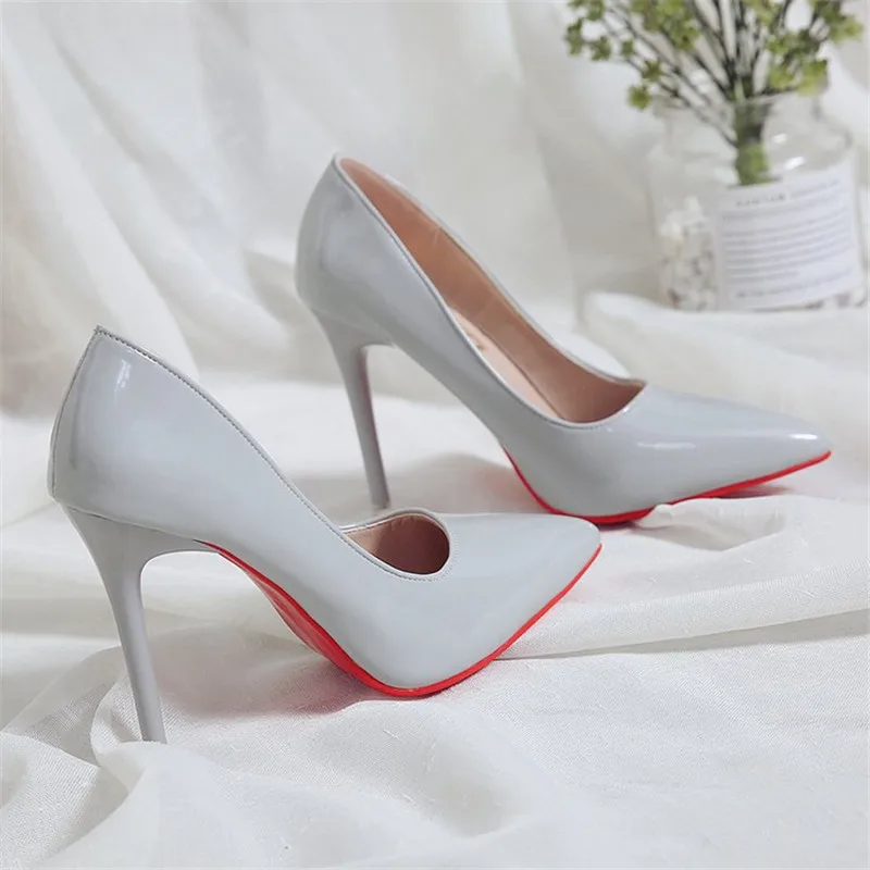 Лидер продаж; классическая женская обувь; туфли-лодочки с острым носком; модельные туфли из лакированной кожи на высоком каблуке; свадебные туфли-лодочки; zapatos mujer; красные свадебные туфли - Цвет: Серый