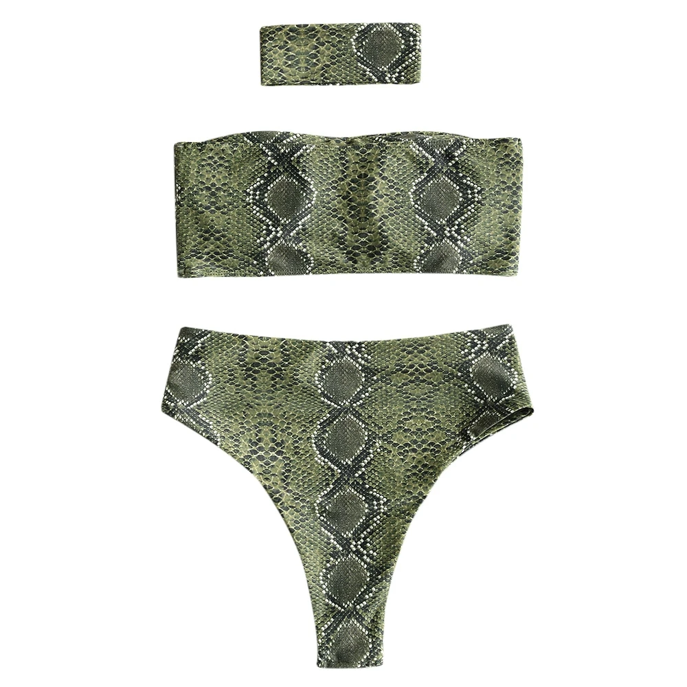 2018 Women Snakeskin Print Bandeau Bikini with Choker Wire Free Padded Swimsuit Strapless High Waist Swimwear Women Swim Suit