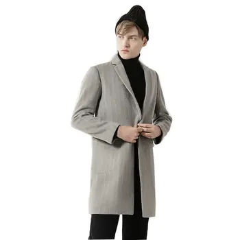 

Spring and Autumn Men's Wool Gray Jackets and Autumn Jacket Man Long Section Single Breasted Overcoat Turn-down Collar Coat