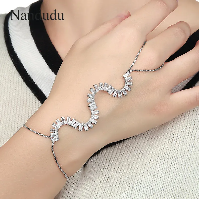 Nandudu Fashion High Level AAA Zircon Chain Bangle Trendy Palm Bracelet Silver Color Prong Setting Luxury Jewelry Gift R2095 | Украшения и