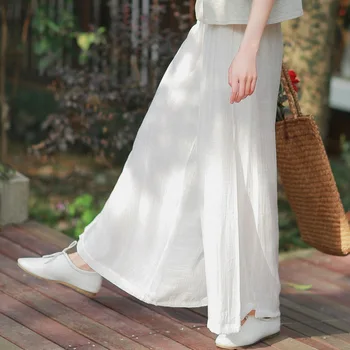 

Summer new literary cotton hemp retro casual pants color matching thin elegant double-layer wide leg pants