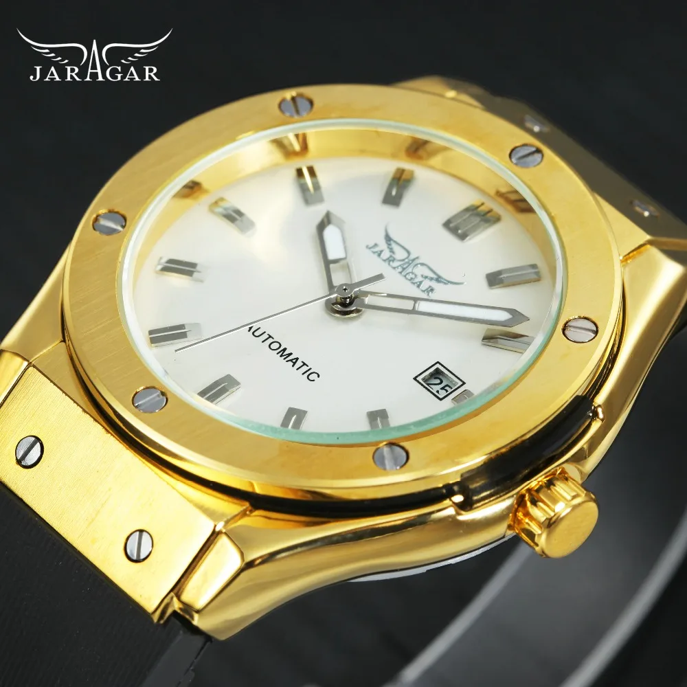 

JARAGAR Golden Mens Watches Top Brand Luxury Auto Mechanical Calendar Watch Men Rubber Strap Fashion Minimalist Casual Clock
