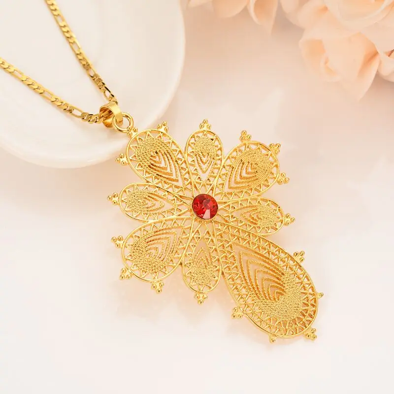 

24 K Fine Solid Gold GF Exquisite Italian Figaro Necklace Chain Solitaire Flower RED Fully CZ 18ct Pendant India