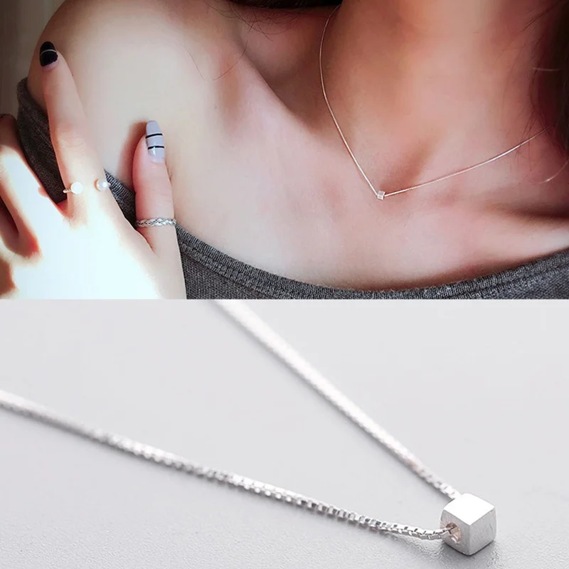 

Sterling Silver Cube Necklace Simple Geometric Cube Minimalist Jewelry Layering Clavicle Chain Women Necklaces Dainty Gifts