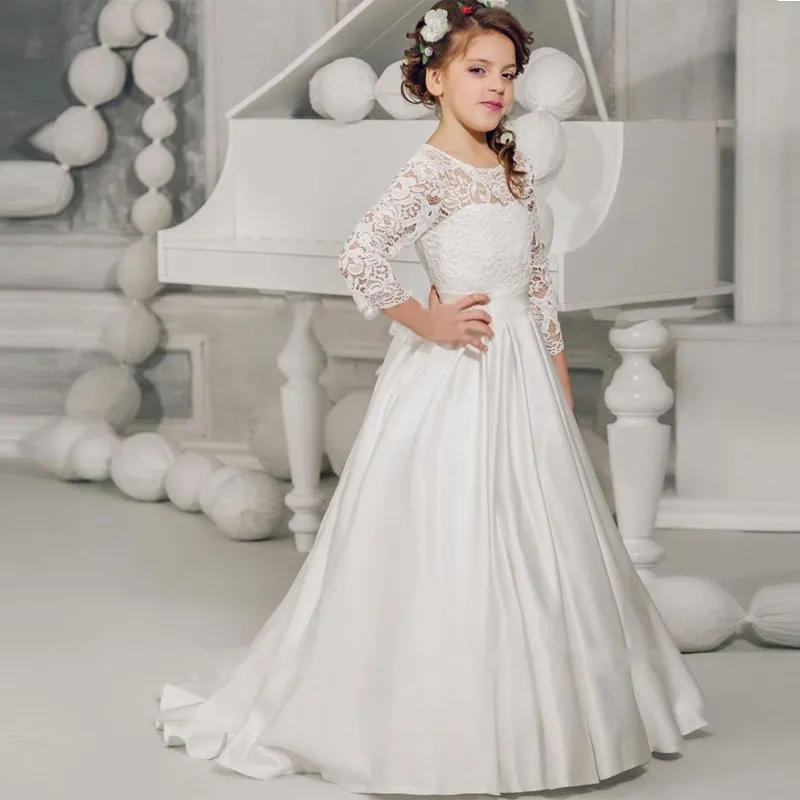 3/4 de La Manga Vestido de Primera Comunión Para Niñas Barato 2017 de Encaje Blanco Muchachas de flor Vestido Con Arco Nudo Longitud Satén Desgaste de Los Niños|communion dresses|first communion dressescommunion