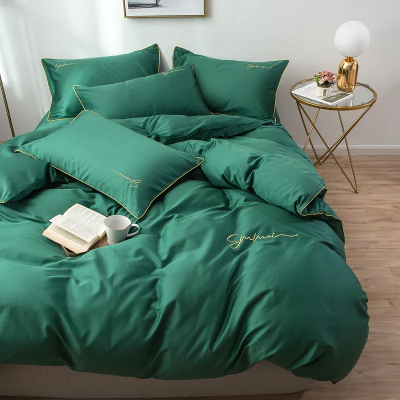 

60S Long Stapled Cotton Luxury Style Bed Set Duvet Cover Flat Sheet Fitted Bed Sheet Pillowcases Solid Green Bean Pasted Grey
