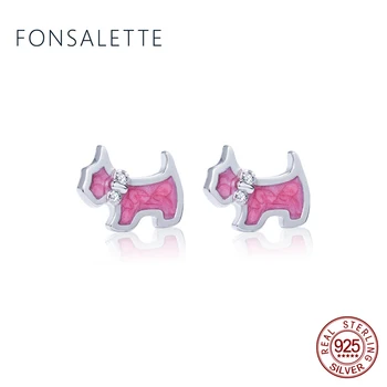 

Genuine 925 Sterling Silver Dog Earrings Pale Cerise Enamel Pink CZ Stud Earrings for Women Jewelry Bijoux zk40