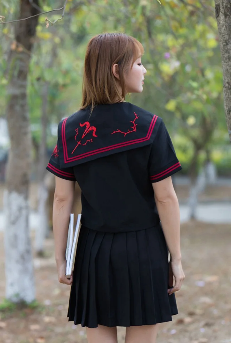 Японская школьная форма юбка JK Униформа-матроска костюм Колледж женский аниме короткий рукав черный Студенческая форма