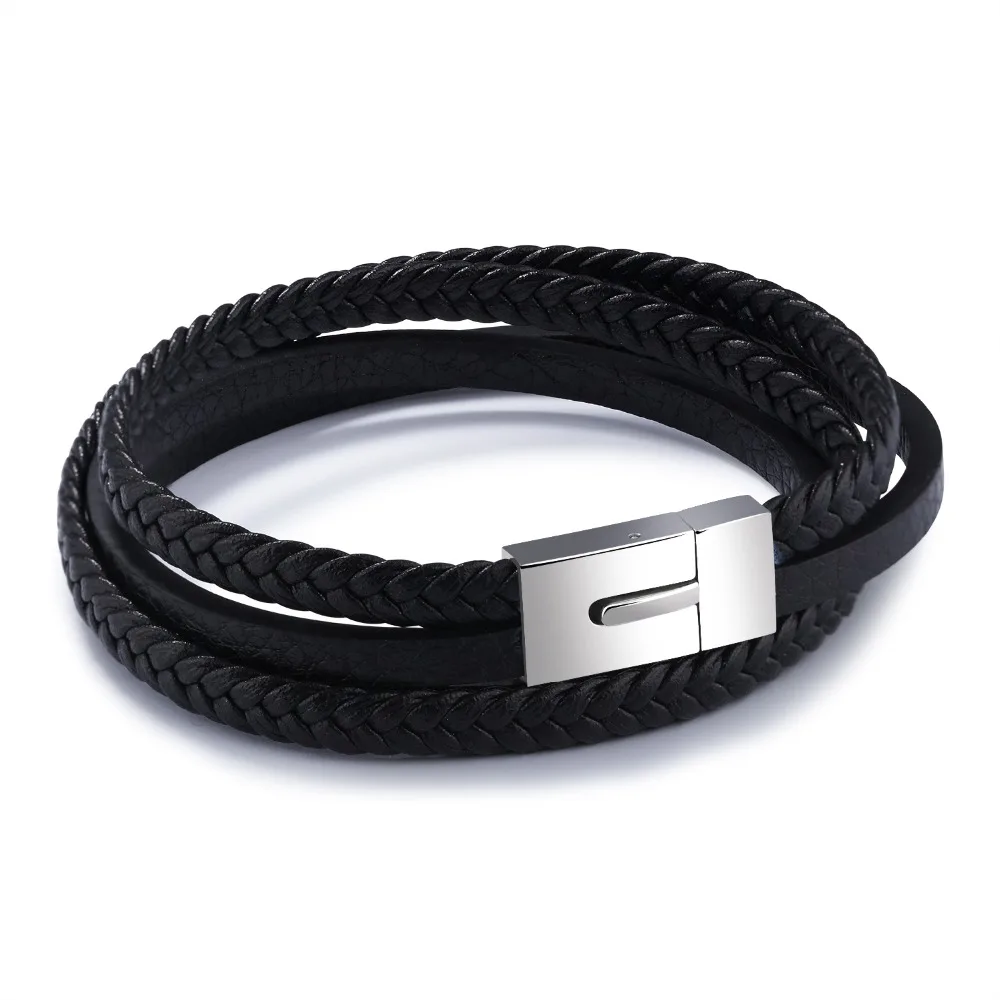 FATE LOVE Brand Men wrap bracelet bangles personalized man male boy black leather cowhide stainless steel metal Fashion Jewelry
