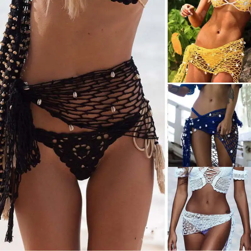 

US 2019 Newest Women Knit Fishnet Bikini Summer Hot Female Solid Color Cover Up Beachwear Mini Skirt Swimwear