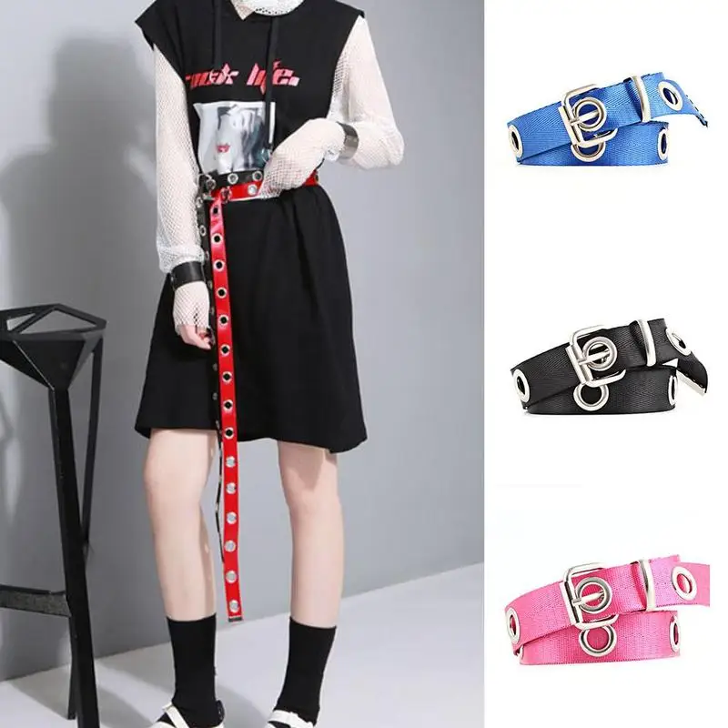 

120/140cm Women Canvas Belt Female Adjustable Metal Buckle Big Eyelet Black White Punk Long Waist Belts For Dress Jeans Pants