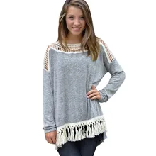 Alishebuy Fashion Women Blouse Lady Sexy Casual Hollow Out Long Sleeve Irregular Solid Loose Blouse Shirt Top Gray S-XL