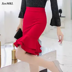 SEXMKL Женская Корейская юбка-карандаш 2018 Модная элегантная Высокая талия с рюшами черная юбка Офисная Женская Сексуальная Плюс Размер