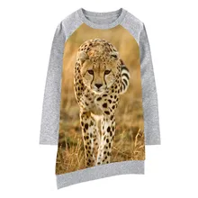 Детские платья для девочек; милое детское голубое платье с принтом гепарда; Детские платья; платья с длинными рукавами и круглым вырезом для девочек