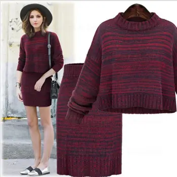 

Women Knitted Sweaters Half Sleeve Tops And Wrap Mini Skirts Two Piece Set Casual Shirt Tops Skirts Female Pullovers Suit