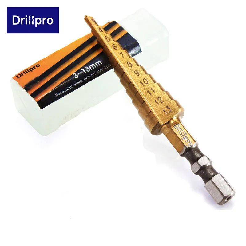 Drillpro 1 шт. 3-13 мм HSS титановое покрытие ступенчатое сверло электроинструменты твердосплавное сверло набор сверл для бурения по дереву Лидер продаж