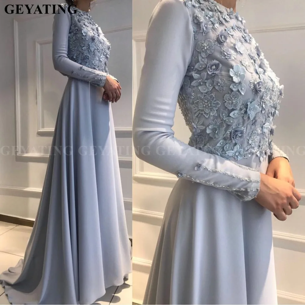 

Elegant Sky Blue 3D Floral Muslim Evening Gowns Long Sleeve Formal Dresses 2019 Saudi Arabia Women Special Occasions Prom Dress