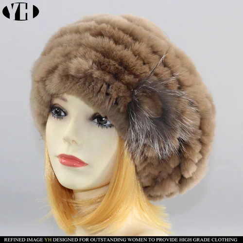 New arrive Women fur Berets real rex rabbit fur hat warm elastic flower lady fashion fullness fur cap headgear - Цвет: color 6