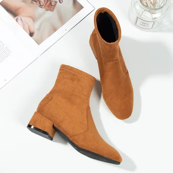 

Women Autumn Winter Boots Flock Leather Square Heel Medium High Basic Botas for Lady Ankle High Pointed Toe Thin Fur Lined 34-40