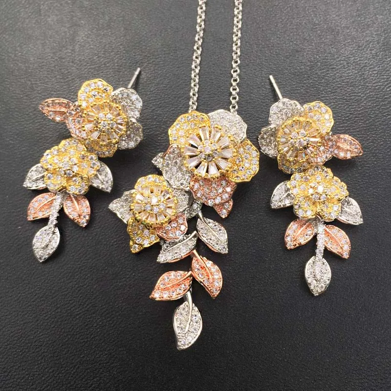 Lanyika щедрый набор украшений яркий цветок с листовой Циркон микро покрытием ожерелье с серьгами женские свадебные Лучшие подарки - Окраска металла: mix white Inlay