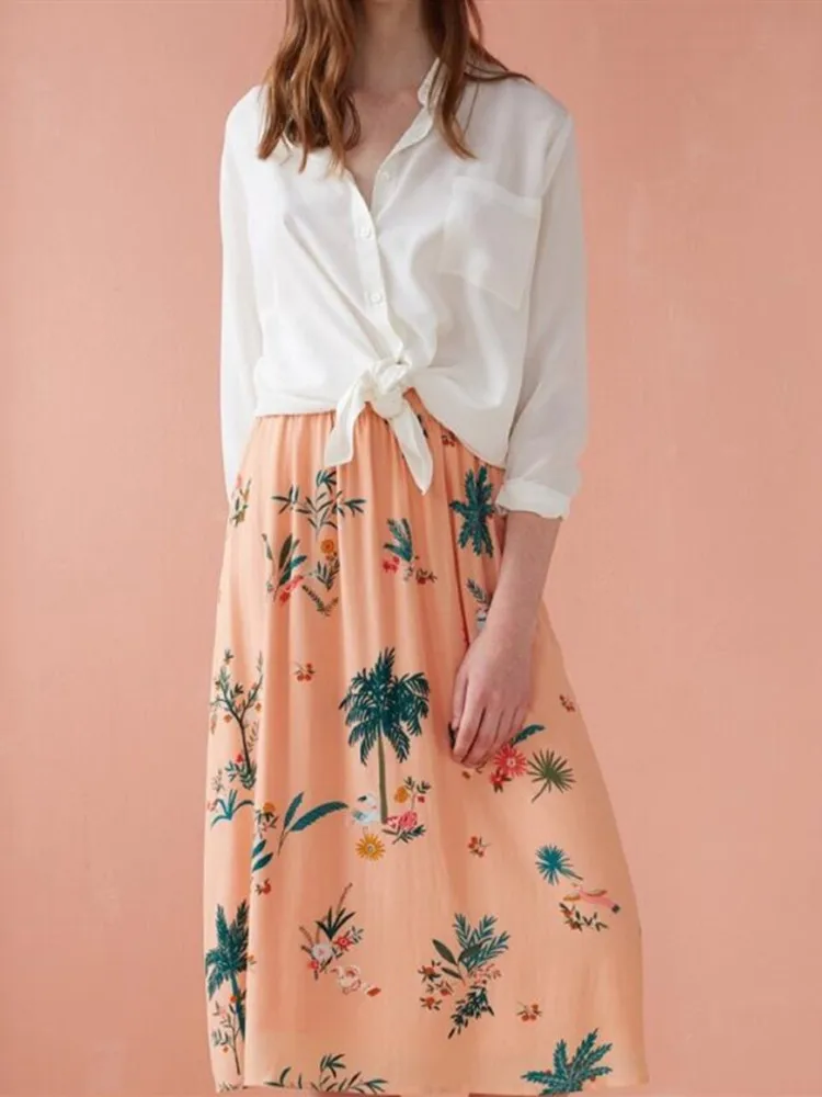 

2019 New Summer Women long skirt Midi Skirt Island Coconut print Beach skirts Casual 100% Viscose