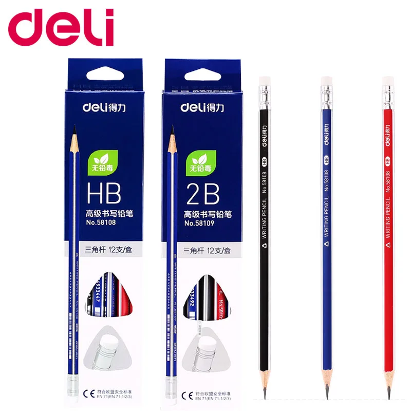 Deli Standard Pencils 12 Pcs/set HB Triangle Pencils With Eraser for
