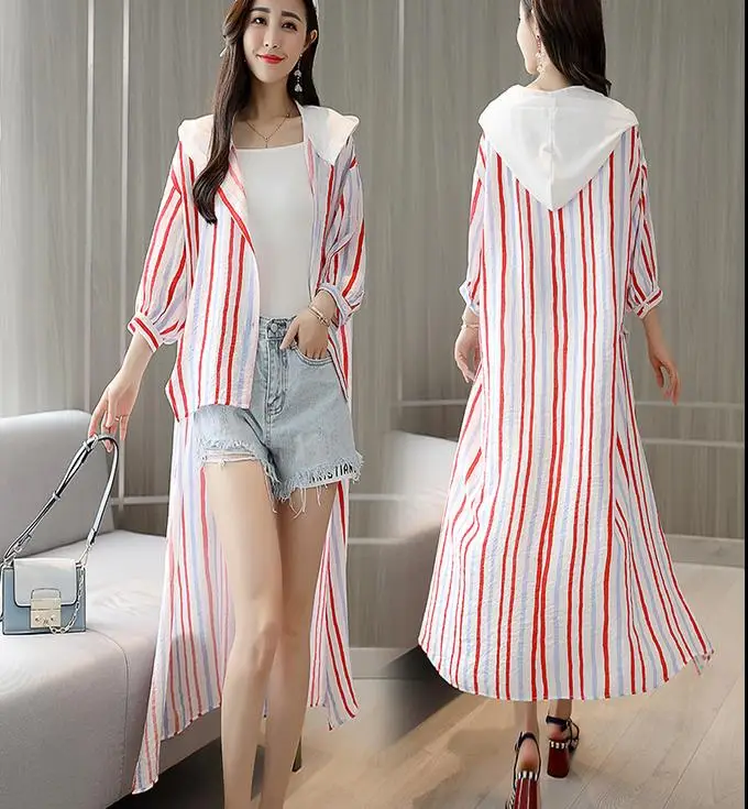 

2019 New Fahsion 3/4 Sleeve Long Hooded Shirts Women Casual Striped Long Hoody Tops Lady Hooded Shirts