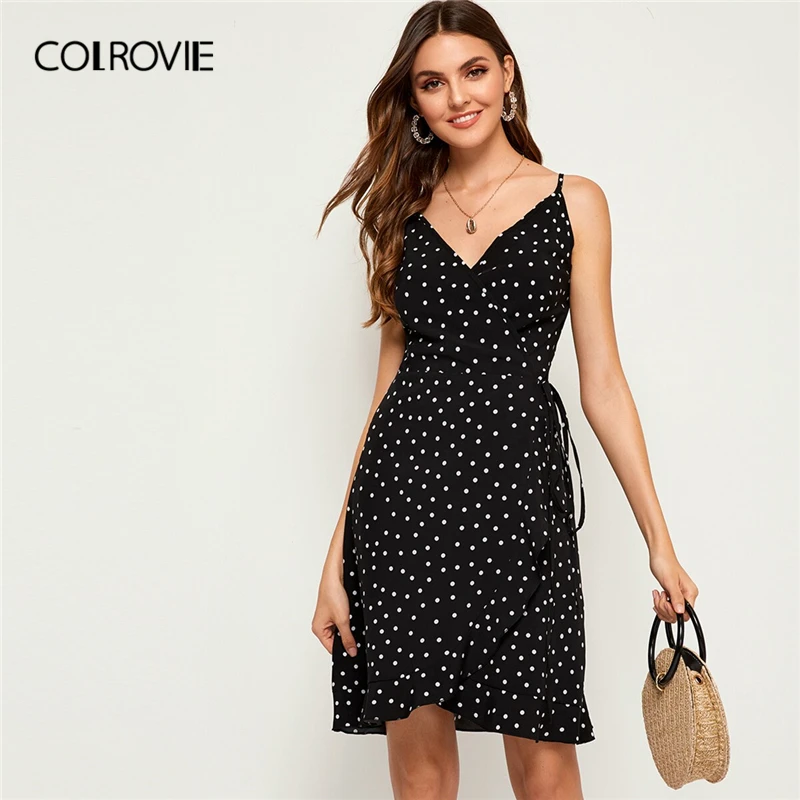 Женское платье в горошек COLROVIE Черное и белое Повседневное средней длины без