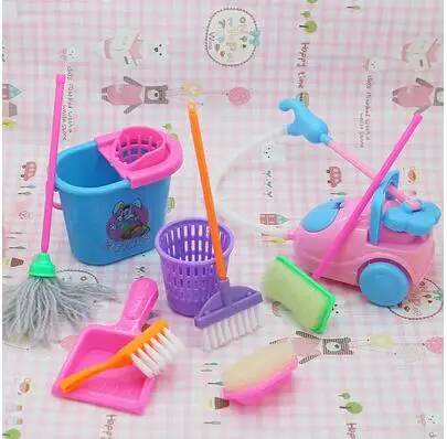 

Free Shipping girl play house doll furniture 9set accessories Household cleaning tools for barbie Doll