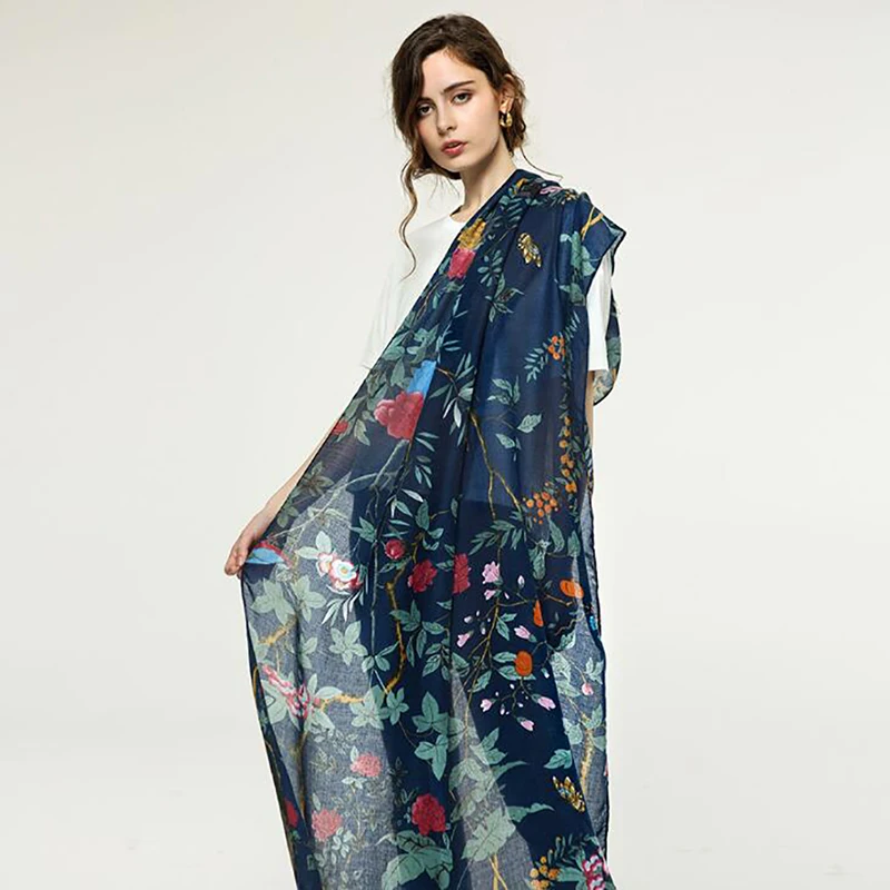Для женщин цветущее дерево шарф с принтом в виде птиц Для женщин фуляровый шифоновый шарф длинной шалью летняя бандана элегантный хиджаб