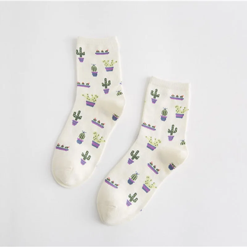 Носки с рисунком кактуса из мультфильма удобные милые повседневные Мягкие хлопковые носки для девочек теплые короткие женские носки meias - Цвет: White