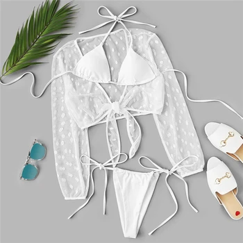 

3PCS white swimwear women mid waist thong bikini set swimsuit with cover ups long sleeve knot mesh bathing suit beach cover up