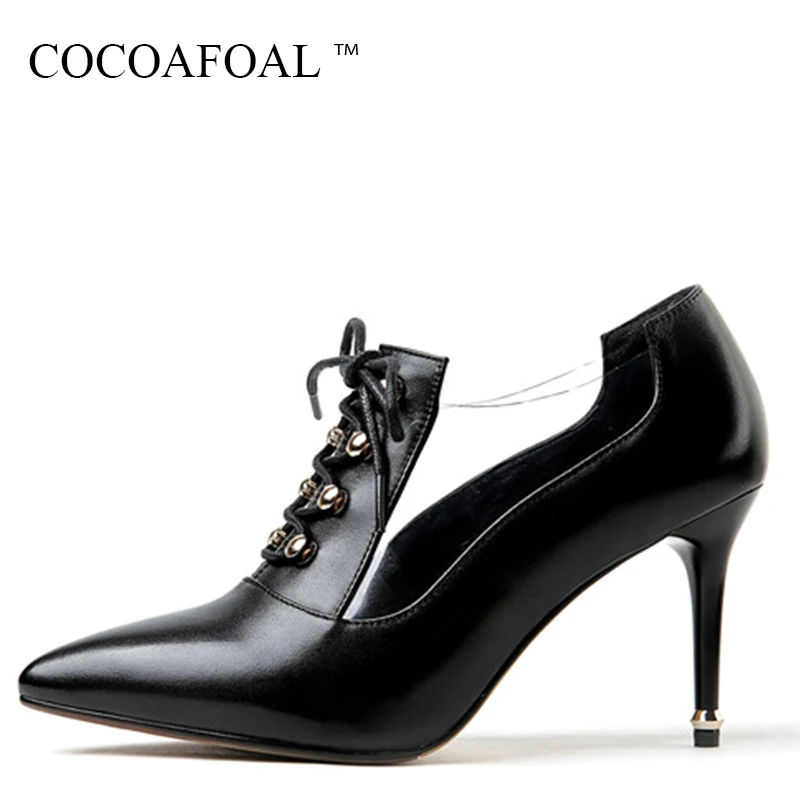 

COCOAFOAL Woman Black Lace Up Martin Boots Genuine Leather Metal Decoration Ankle Boots Spring Autumn White High Heeled Shoes