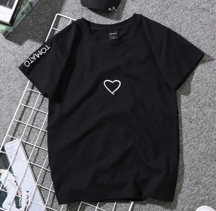 Bigsweety рубашка с вышивкой для влюбленных пар для девочек и женщин, футболка с надписью «Love Heart» и надписью «TOMATO», повседневные белые топы, новинка - Цвет: Черный